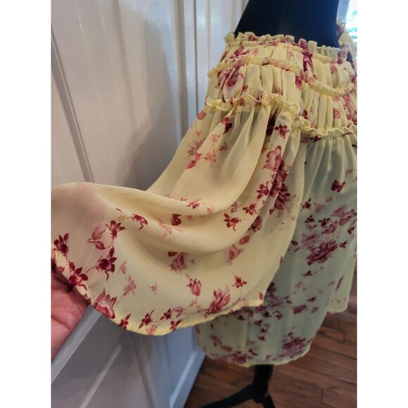 Yellow/Pink Floral Ruffle Blouse Flowy Butterflies sz L Cottage Fairy Coquette - Picture 5 of 8